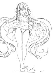 1girl arazand armpits arms_behind_head barefoot breasts closed_mouth clothes_lift dress dress_lift from_below highres long_hair looking_at_viewer midriff original panties pantyshot simple_background sketch small_breasts smile soles solo splashing toes underwear underwear_only very_long_hair white_background