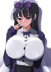 1girl amidori black_hair black_skirt blue_eyes blush bow bowtie breasts collared_shirt commentary cookie_(touhou) fairy_wings grin hair_bow highres hime_cut huge_breasts impossible_clothes impossible_shirt jacket long_hair looking_at_viewer open_clothes open_jacket purple_bow purple_bowtie purple_jacket shirt shirt_tucked_in shunga_youkyu simple_background skirt smile solo star_sapphire touhou upper_body v white_background white_shirt wings