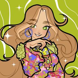 1girl bird bright_pupils brown_hair collared_vest commentary dark-skinned_female dark_skin earrings eyelashes eyes_visible_through_hair flora_(winx_club) floral_print frilled_vest frills green_background green_eyes green_vest hand_on_own_chin highres hoop_earrings jewelry lapels lipstick long_hair long_sleeves makeup multicolored_hair necklace notched_lapels open_clothes open_vest parrot pendant pink_lips pink_shirt shirt smile solo sparkle streaked_hair teeth thick_eyebrows upper_body very_long_hair vest wavy_hair white_pupils wikate winx_club