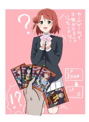 !? 1girl 89ru0 :d ? arrow_(symbol) blunt_bangs blush border bun_with_braided_base card card_game commentary green_eyes hair_bun half_updo highres holding holding_card looking_at_viewer love_live! love_live!_nijigasaki_high_school_idol_club love_live!_series_official_card_game medium_hair nakasu_kasumi open_mouth outside_border pink_background pink_hair pov single_side_bun smile speech_bubble spoken_interrobang swept_bangs trading_card translation_request uehara_ayumu white_border