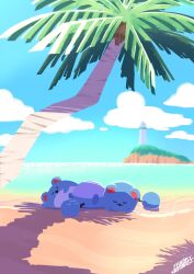 3others absurdres artist_name beach blue_sky closed_eyes cloud cloudy_sky drooling gen_2_pokemon hand_on_own_stomach highres island lighthouse lying marill multiple_others nintendo on_back on_side on_stomach open_mouth palm_tree pokemon pokemon_(creature) sakanagi_(a_r_co) shadow sky sleeping tree twitter_username