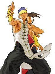 2boys back-to-back baggy_pants bare_shoulders baseball_cap black_hair braid bridal_gauntlets brothers capcom capcom_vs_snk capcom_vs_snk_2 chinese_clothes crossed_arms game_cg hat highres long_hair male_focus multicolored_hat multiple_boys muscular nishimura_kinu non-web_source official_art pants parted_lips pointing pointing_at_viewer portrait siblings single_braid skateboard sleeveless street_fighter twins white_background yang_lee yun_lee