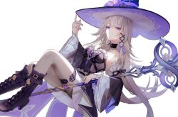 Rule 34 | 1girl, bare shoulders, black boots, boots, brown hair, closed mouth, detached sleeves, dress, hanato (seonoaiko), hand up, hat, herta (honkai: star rail), high heel boots, high heels, honkai: star rail, honkai (series), jewelry, knee boots, long hair, long sleeves, looking at viewer, necklace, no legwear, purple eyes, simple background, smile, solo, the herta (honkai: star rail), unfinished, very long hair, white background, wide sleeves, witch hat