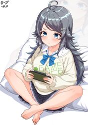 1girl barefoot black_hair blue_eyes blush darkswan feet hair_ornament hairclip handheld_game_console highres inohara_koboshi long_hair ongeki soles toes