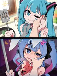 1girl absurdres animal_ears aqua_eyes aqua_hair bare_shoulders blue_eyes blue_hair blush bongfill bow bowtie breasts card condom cuffs detached_collar detached_sleeves fake_animal_ears finger_in_another&#039;s_mouth hair_between_eyes hair_ornament hand_on_another&#039;s_face handcuffs hatsune_miku highres holding holding_pole leotard long_hair looking_at_viewer necktie one_eye_closed open_mouth pink_pupils playboy_bunny playing_card pole rabbit_ears rabbit_hole_(vocaloid) skirt smile spatula spring_onion teardrop_facial_mark twintails very_long_hair vocaloid x_hair_ornament