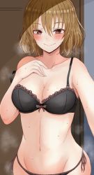 1girl black_panties blush bra breasts brown_eyes brown_hair cleavage collarbone hair_between_eyes hand_on_own_chest highres lace lace-trimmed_bra lace_trim large_breasts looking_at_viewer mebunryo_(mebunryo2) momioka_risa outstretched_arm panties selfie short_hair side-tie_panties smile solo steam stomach strap_slip sweat to_love-ru to_love-ru_darkness underwear