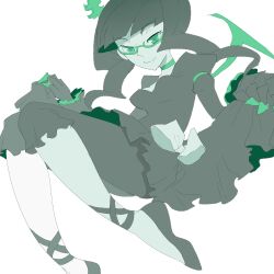Rule 34 | 1girl, black choker, black dress, black hair, black leggings, black rock shooter, choker, dead master, dress, goldfishu, green-framed eyewear, green eyes, green horns, horns, leggings, medium hair, pale skin, skeletal hand, skeletal wings, solo, wings