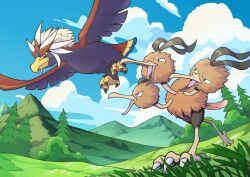 Rule 34 | absurdres, animal focus, bird, braviary, cloud, commentary request, day, dodrio, gen 1 pokemon, gen 5 pokemon, grass, highres, hill, nintendo, no humans, outdoors, pokemon, pokemon (creature), q-chan, sky, tree
