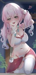 1girl absurdres alternate_breast_size aqua_eyes bra breasts chuuna_(unagiunazy) cleavage commentary_request heart heart-shaped_pupils highres honkai:_star_rail honkai_(series) hyacine_(honkai:_star_rail) indoors large_breasts long_hair looking_at_viewer navel open_mouth paid_reward_available panties pink_hair red_skirt skirt solo stomach symbol-shaped_pupils thighhighs twintails underwear white_bra white_panties white_thighhighs