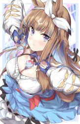 +_+ 1girl absurdres almond_eye_(umamusume) animal_ears bare_shoulders black_ribbon blue_dress blue_gloves blue_hair blunt_bangs blush bow braid breasts brown_hair buttons cleavage closed_mouth collarbone colored_inner_hair commentary_request cowboy_shot detached_collar detached_sleeves double-breasted dress ear_ornament fingerless_gloves gloves hair_bow hair_ornament hair_ribbon hairclip hand_up highres horse_ears horse_girl horse_tail large_breasts long_hair looking_at_viewer multicolored_hair nagisa_(imizogami) red_bow red_button ribbon short_braid side_braid sidelocks single_braid skirt sleeve_bow smile solo sparkling_eyes straight_hair tail two-tone_hair umamusume white_bow white_skirt white_sleeve_cuffs yellow_bow