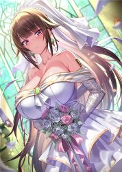 1girl amagi_(oreaku) android barcode barcode_tattoo bouquet breasts bridal_veil bride brown_hair dress earrings flower high_ponytail highres holding holding_bouquet indoors jewelry large_breasts looking_at_viewer ore_wa_seikan_kokka_no_akutoku_ryoushu! pink_eyes ponytail solo takamine_nadare tattoo veil wedding_dress