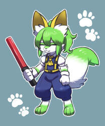 1girl :3 animal_ear_fluff animal_ears ascot barefoot blue_background blue_shorts blue_vest closed_eyes closed_mouth collared_shirt commentary_request cookie_(touhou) daiyousei diyusi_(cookie) fox_ears fox_girl fox_tail full_body furrification furry furry_female gloves green_hair high-visibility_clothing high-visibility_vest high_ponytail paw_print paw_print_background ponytail puffy_short_sleeves puffy_sleeves s_(esumi_kihomaru) shirt short_hair short_sleeves shorts solo tail touhou traffic_baton vest white_gloves white_shirt yellow_ascot
