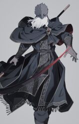Rule 34 | 1other, beard, belt, black capelet, black pants, brown belt, capelet, elden ring, elden ring: shadow of the erdtree, facial hair, feet out of frame, gem, grey background, grey hair, helmet, highres, holding, holding scythe, long sleeves, looking at viewer, pants, scythe, simple background, sir ansbach, xx asui