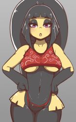 1girl absurdres bare_shoulders bikini black_eyeshadow black_skin blush breasts colored_skin cowboy_shot eyebrows_hidden_by_hair eyelashes eyeshadow female_focus gen_3_pokemon grey_background hands_on_own_hips highres humanization long_hair looking_at_viewer makeup mawile medium_breasts midriff monster_girl multicolored_skin navel nintendo open_mouth pink_eyes pokemon pokemon_(creature) ponytail quin_nsfw red_bikini serious simple_background solo standing swimsuit teeth two-tone_skin upper_teeth_only wide_hips yellow_skin