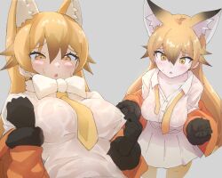 1girl animal_ears blush bow bowtie brown_fur brown_gloves brown_hair collarbone extra_ears ezo_red_fox_(kemono_friends) fox_ears fox_girl fox_tail fur_trim gloves hair_between_eyes jacket kemono_friends long_hair long_sleeves lowlandgorilla multicolored_hair multiple_views necktie orange_eyes orange_hair orange_jacket orange_necktie orange_pantyhose pantyhose pleated_skirt removing_jacket shirt sidelocks skirt sweat sweatdrop t-shirt tail undone_necktie wet wet_clothes wet_shirt white_bow white_bowtie white_shirt white_skirt