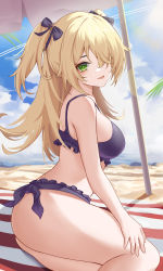 1girl :d absurdres bare_arms bare_shoulders beach_towel bikini blonde_hair blue_sky bow breasts cloud commentary day feet_out_of_frame fischl_(genshin_impact) genshin_impact green_eyes hair_bow hair_over_one_eye head_tilt highres large_breasts long_hair looking_at_viewer mxr open_mouth purple_bikini purple_bow sitting sky smile solo swimsuit thighs towel two_side_up