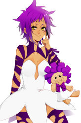 1girl absurdres arm_ribbon bow bowtie breasts cleavage collarbone commentary_request d.gray-man dark-skinned_female dark_skin doll dress hand_on_own_cheek hand_on_own_face highres looking_at_viewer messy_hair noah_(d.gray-man) purple_bow purple_bowtie purple_hair purple_ribbon purple_thighhighs ribbon road_kamelot short_dress short_hair sidelocks simple_background small_breasts smirk solo spiked_hair strapless strapless_dress stuffed_toy thighhighs thighs torn_clothes torn_thighhighs white_background white_dress woldwolf9 yellow_eyes