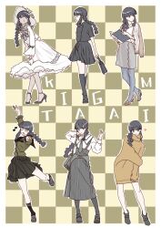 1girl alternate_costume black_hair black_neckerchief black_pantyhose black_skirt blue_pantyhose blunt_bangs book braid buttons cardigan_on_shoulders character_name checkered_background double-breasted dress green_serafuku green_shirt green_skirt grey_necktie grey_skirt hat highres kantai_collection kitakami_(kancolle) kitakami_kai_(kancolle) long_hair long_sleeves multiple_views neckerchief necktie overall_skirt pantyhose pleated_skirt pun sailor_collar sailor_shirt school_uniform serafuku shirt single_braid skirt sun_hat sweater sweater_dress tada_(tactical_tada) white_dress white_shirt white_sweater yellow_dress yellow_sweater