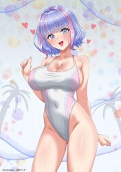 1girl absurdres bare_shoulders blue_eyes blush breasts cleavage collarbone competition_swimsuit dolphin_wave groin highres kenja_panda kukuri_tomo large_breasts looking_at_viewer medium_hair multicolored_hair one-piece_swimsuit open_mouth pink_hair pink_one-piece_swimsuit purple_hair smile solo streaked_hair swimsuit thighs two-tone_hair white_one-piece_swimsuit