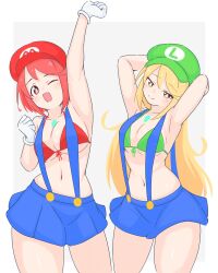 2girls adapted_costume arm_behind_head arm_up bikini bikini_top_only blonde_hair blue_skirt breasts chest_jewel core_crystal_(xenoblade) cosplay cowboy_shot gloves green_bikini highres large_breasts long_hair luigi luigi_(cosplay) mario mario_(cosplay) mario_(series) multiple_girls mythra_(xenoblade) nintendo pyra_(xenoblade) red_bikini red_eyes red_hair short_hair simple_background skirt suspenders swimsuit uncool_mochi white_background white_gloves xenoblade_chronicles_(series) xenoblade_chronicles_2 yellow_eyes