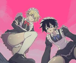 2boys alternate_costume androgynous animal_print apron bags_under_eyes bandage_on_face bandages bear_panties bear_print bike_shorts_under_skirt bishounen black_dress black_eyes black_hair blonde_hair bulge crossdressing crossover dress enmaided eyeliner from_below hair_between_eyes high_school_boy highres hong_iltak lee_hoon looking_at_viewer looking_down maid maid_apron maid_headdress makeup male_focus mary_janes mole mole_on_thigh multiple_boys panties parkgee print_panties red_eyeliner red_eyes sanpaku shoes short_hair suicide_boy sweatdrop thighhighs trap underwear white_panties white_thighhighs