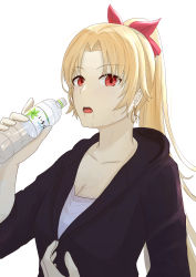 1girl absurdres alternate_hairstyle blonde_hair bottle ereshkigal_(fate) fate/grand_order fate_(series) highres natu_zame ponytail red_eyes simple_background solo water_bottle white_background