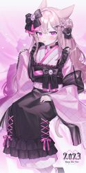 Rule 34 | 1girl, 2023, :p, absurdres, animal ears, artist name, black skirt, brown hair, cat ears, cat girl, cat tail, choker, commentary request, english text, feet out of frame, final fantasy, final fantasy xiv, frilled kimono, frilled skirt, frills, funa (sakana), gem, hair bun, happy new year, highres, japanese clothes, kimono, lace, lace-trimmed kimono, lace trim, lolita fashion, long hair, miqo&#039;te, new year, obi, pink kimono, purple eyes, sash, sitting, skirt, tail, tongue, tongue out, twitter username, v-shaped eyebrows, wa lolita, warrior of light (ff14), wide sleeves