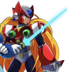 2boys android arm_cannon armor blonde_hair blue_armor blue_eyes blue_helmet chest_jewel closed_mouth energy_sword forehead_jewel gloves green_eyes guutara helmet highres holding holding_sword holding_weapon jewelry joints long_hair male_focus mega_man_(series) mega_man_x_(series) multiple_boys open_mouth ponytail red_armor red_helmet robot robot_ears robot_joints shoulder_armor signature simple_background sword very_long_hair weapon white_background white_gloves x_(mega_man) z_saber zero_(mega_man)