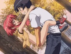 1boy 1girl animated animated_gif arched_back black_hair black_legwear bottomless breasts censored chakku!_tsuiteru!! chop_(chakku!_tsuiteru!!) clenched_teeth closed_eyes clothed_sex dutch_angle flat_chest hands_around_neck held_up hetero leg_lock mosaic_censoring narrow_waist nipples open_clothes open_mouth open_shirt outdoors petite red_hair sex shirt shoes sleeveless small_breasts sneakers socks standing standing_sex straddling suspended_congress teeth tree vaginal wince