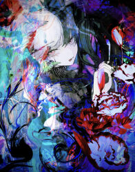 Rule 34 | 1girl, :p, black hair, closed mouth, commentary request, distortion, flower, ham melon (iloha 24), highres, long hair, looking at viewer, multicolored hair, original, patterned background, pink eyes, solo, split-color hair, tongue, tongue out, upper body, white hair