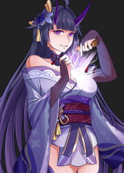 Rule 34 | 1girl, absurdres, bare shoulders, blunt bangs, bridal gauntlets, commentary, cosplay, cowboy shot, electricity, genshin impact, grin, gun, highres, holding, holding gun, holding weapon, honkai (series), honkai impact 3rd, japanese clothes, kimono, long hair, long sleeves, looking at viewer, mihoyo, obi, off shoulder, purple eyes, purple hair, purple kimono, raiden mei, raiden shogun, raiden shogun (cosplay), red sash, sash, sawashiro miyuki, smile, solo, standing, very long hair, voice actor connection, weapon, wide sleeves, yslin