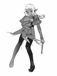 1boy bags_under_eyes belt book braid braided_ponytail closed_mouth coin_(ornament) dark-skinned_male dark_skin dungeon_meshi elf frills frown frs2 full_body greyscale hair_rings highres holding holding_book holding_wand jester juliet_sleeves long_hair long_sleeves looking_at_viewer male_focus monochrome petite pointy_ears pointy_footwear puffy_sleeves sidelocks simple_background single_braid solo thistle_(dungeon_meshi) tunic wand