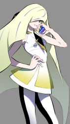 1girl absurdres bad_id bad_pixiv_id beast_ball blonde_hair breasts commentary diamond_(shape) dress green_eyes hair_over_one_eye hand_on_own_hip highres holding holding_poke_ball kokonotsunbai leggings long_hair lusamine_(pokemon) nail_polish nintendo poke_ball pokemon pokemon_sm short_dress sleeveless sleeveless_dress smile solo white_dress white_leggings yellow_nails