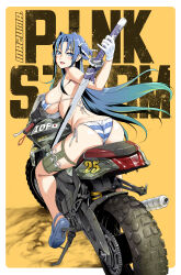 1girl absurdres ass bikini blue_bikini blue_eyes blue_hair blue_shoes covered_erect_nipples from_behind gloves gradient_hair green_hair highres holding holding_sword holding_weapon katana long_hair looking_at_viewer looking_back mole mole_under_mouth motor_vehicle motorcycle multicolored_hair on_motorcycle original paid_reward_available satou_shouji shiny_skin shoes solo striped_bikini striped_clothes swimsuit sword two-tone_hair very_long_hair weapon white_gloves yellow_background