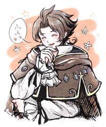Rule 34 | 1boy, arm across waist, black cape, blue gemstone, blush, cape, closed mouth, collared shirt, commentary request, cropped torso, curtained hair, cyrus albright, finger to own chin, flower, frilled sleeves, frills, gem, kuhaha, laughing, long sleeves, male focus, octopath traveler, octopath traveler i, open collar, open mouth, popped collar, shirt, solo, speech bubble, teeth, translation request, upper teeth only, wing collar