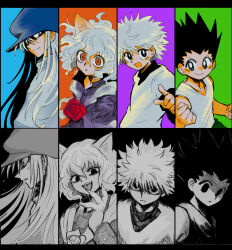 4boys absurdres black_hair cat_boy commentary evil_smile gon_freecss grey_hair greyscale hat highres hunter_x_hunter killua_zoldyck kite_(hunter_x_hunter) licking licking_finger long_hair male_focus monochrome multiple_boys neferpitou official_alternate_costume red_eyes short_hair smile spiked_hair symbol-only_commentary tamvn7dloekjfu7 tank_top upper_body white_tank_top