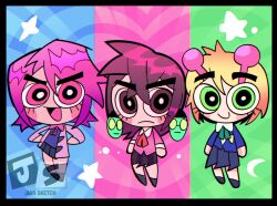 Rule 34 | 3girls, absurdres, ayase momo, vamola (dandadan), blonde hair, brown eyes, brown hair, dandadan, earrings, green eyes, heart, highres, jewelry, jiansketch, multiple girls, parody, pink eyes, pink hair, powerpuff girls, powerpuff girls (style), shiratori aira (dandadan), smug, takakura ken (dandadan)