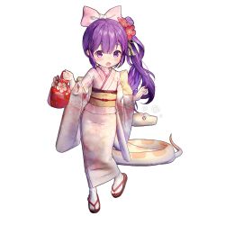 1girl bow gio_(maroon0924) hair_bow holding japanese_clothes kimono long_hair medusa_(uchihime) open_mouth pink_kimono purple_eyes purple_hair sandals snake uchi_no_hime-sama_ga_ichiban_kawaii wide_sleeves zouri