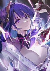 1girl braid braided_ponytail breasts bridal_gauntlets cleavage electricity flower genshin_impact hair_flower hair_ornament highres japanese_clothes katana kimono large_breasts long_hair long_sleeves looking_at_viewer musou_isshin_(genshin_impact) off_shoulder purin_uni purple_eyes purple_hair purple_kimono raiden_shogun shrug_(clothing) solo sword weapon wide_sleeves