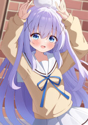 1girl azelf blue_eyes gen_4_pokemon gochuumon_wa_usagi_desu_ka? highres kafuu_chino legendary_pokemon long_hair long_sleeves looking_at_viewer open_mouth pokemon purple_hair smile solo