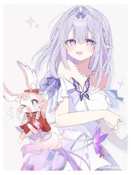 &gt;_o 1girl bare_shoulders blue_eyes border butterfly_ornament castorice_(honkai:_star_rail) castorice_(star_rail_live_2025)_(honkai:_star_rail) dress grey_background honkai:_star_rail honkai_(series) jewelry long_hair mem_(honkai:_star_rail) mem_(star_rail_live_2025)_(honkai:_star_rail) necklace official_alternate_costume one_eye_closed pearl_necklace pink_fur pointy_ears purple_eyes purple_hair red_dress smile star-shaped_pupils star_(symbol) symbol-shaped_pupils tail tiara twitter_username uwasewau white_border white_dress