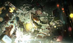 1girl 3others aqua_eyes aqua_hair aqua_nails black_skirt blurry bodysuit bokeh bolt_(hardware) bubble_skirt depth_of_field diffraction_spikes dress dutch_angle fingerless_gloves floating floating_hair foreshortening frilled_skirt frills gloves hatsune_miku hatsune_miku_(heartbeat) highres junk kika leotard light_particles long_hair materializing monitor multiple_others nail_polish nut_(hardware) odds_&amp;_ends_(vocaloid) orange_bodysuit orange_leotard outstretched_arms perspective pleated_dress robot silhouette skirt speaker supercell_(band) toy_robot twintails vocaloid
