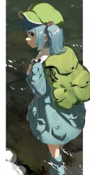 1girl backpack bag blue_boots blue_dress blue_eyes blue_hair boots commentary_request day dress flat_cap frills from_behind green_hat hair_bobbles hair_ornament hat highres kawashiro_nitori looking_at_viewer looking_back monosenbei parted_lips solo touhou twintails wading walking water