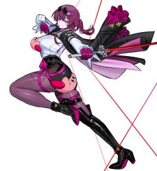 1girl ass asymmetrical_footwear black_jacket black_shoes black_shorts boots breasts chest_harness commentary commission eyewear_on_head glasses gloves grabbing_another&#039;s_breast groping harness high-waist_shorts high_heel_boots high_heels highres holding holding_sword holding_weapon honkai:_star_rail honkai_(series) jacket kafka_(honkai:_star_rail) kirby kirby_(series) knee_up large_breasts nintendo pantyhose pantyhose_under_shorts pince-nez purple_eyes purple_gloves purple_hair purple_pantyhose reverse_grip round_eyewear shirt shoes shorts simple_background single_thigh_boot smile solo spider_web_print sword thigh_boots third-party_edit thread weapon white_background white_shirt zeon_(zzeeonn)