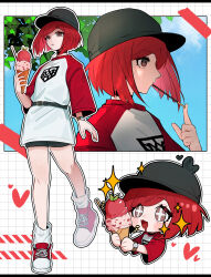 1girl absurdres alternate_costume baseball_cap belt brown_eyes choker commentary danganronpa_(series) danganronpa_v3:_killing_harmony drooling food gaba33 hat heart highres ice_cream ice_cream_cone leaf medium_hair pocky red_hair red_shoes shoes short_shorts shorts sparkle sparkling_eyes symbol-only_commentary tree watch wristwatch yumeno_himiko