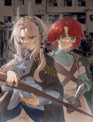 2girls absurdres again_nuo badge black_cape blue_eyes blue_jacket blue_shirt building cape closed_mouth coat coat_on_shoulders couter dress gauntlets green_coat grey_hair gun hair_ornament hand_up highres holding holding_gun holding_weapon jacket long_hair marsha_(reverse:1999) military_uniform multiple_girls own_hands_together pants red_hair reverse:1999 rifle rifle_cartridge sentinel_(reverse:1999) shirt short_hair shoulder_belt v-shaped_eyebrows weapon white_dress white_pants