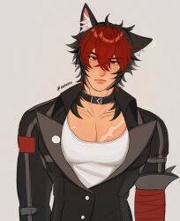 1boy animal_ears bandaged_arm bandages black_choker black_jacket blush choker dog_boy ear_piercing highres jacket komano_manato large_pectorals multicolored_hair muscular muscular_male pectorals piercing red_eyes scar scar_on_face shirt short_hair white_shirt zenless_zone_zero