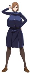 1girl artist_request breasts female_focus full_body highres huge_breasts jujutsu_kaisen kugisaki_nobara legs long_legs looking_at_viewer mature_female pantyhose short_hair sihkygmojsn simple_background skirt solo standing white_background