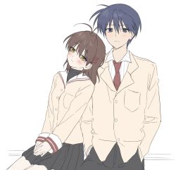 Rule 34 | 1boy, 1girl, antenna hair, black skirt, blazer, blonde hair, blue eyes, blue hair, blush, brown eyes, brown hair, clannad, closed mouth, commentary, couple, cowboy shot, frown, furukawa nagisa, hair behind ear, hair between eyes, hair ornament, hairclip, hand on another&#039;s shoulder, hands in pockets, hashtag-only commentary, hetero, highres, hikarizaka private high school uniform, jacket, light blush, long sleeves, looking at viewer, medium hair, miniskirt, necktie, okazaki tomoya, pleated skirt, red necktie, saang2cm, sailor collar, school uniform, serafuku, short hair, shy, side-by-side, simple background, sitting, sketch, skirt, spiked hair, v arms, white background, white sailor collar, yellow jacket