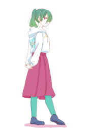 1girl absurdres arms_behind_back black_shoes colored_shadow drawstring full_body green_hair green_pantyhose hair_over_one_eye highres hood hood_down hoodie long_sleeves own_hands_together pantyhose pleated_skirt puffy_long_sleeves puffy_sleeves purple_eyes red_skirt seila_rei shadow shoes side_ponytail simple_background skirt smile solo sousou_no_frieren standing ubel_(sousou_no_frieren) white_background white_hoodie